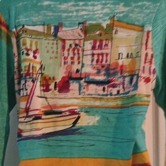 Jane Ashley sail boat city 3/4th length sleeve top Sz S EUC - Picture 4 of 5